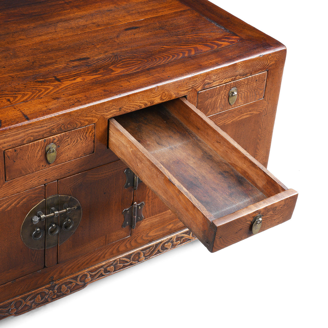 Drawer Detail From Nineteenth Century Burr Elm Chinese Kang Cabinet With Drawers Brass Hardware And Carved Apron