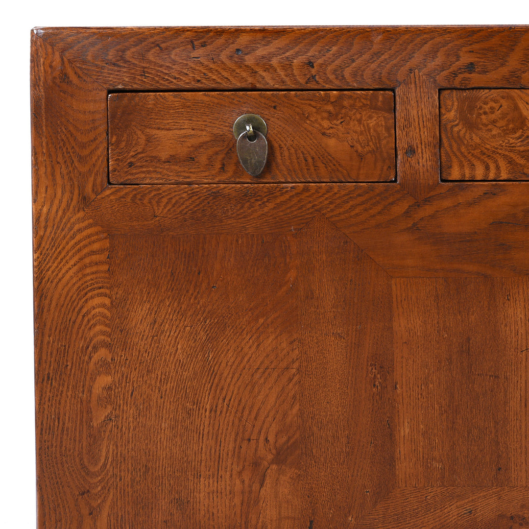 Corner Detail Showing Drawer On Nineteenth Century Burr Elm Chinese Kang Cabinet With Drawers Brass Hardware And Carved Apron