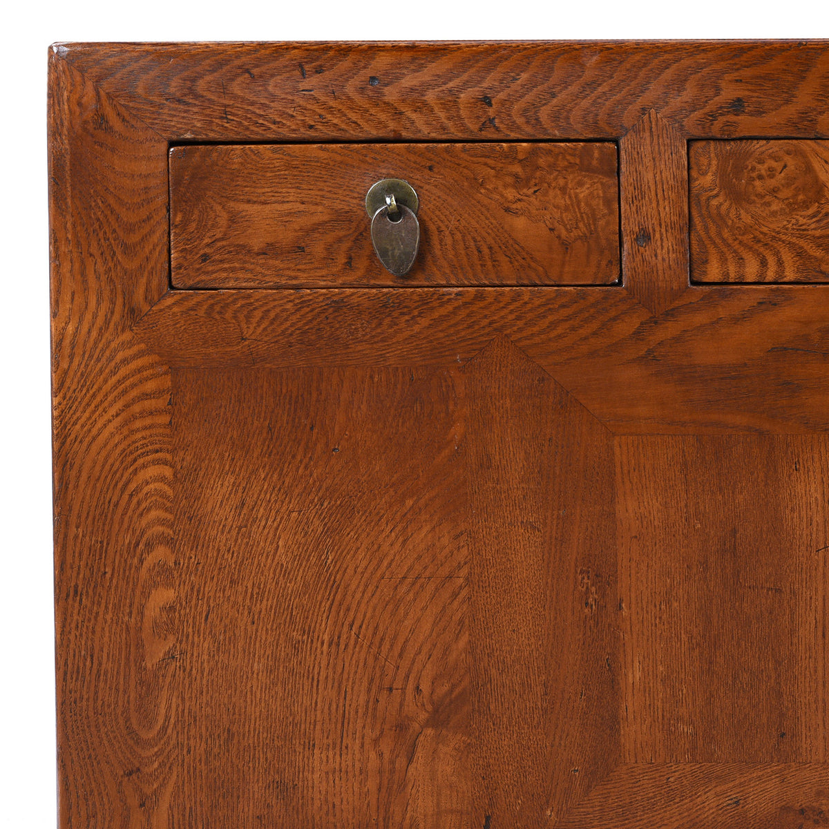 Corner Detail Showing Drawer On Nineteenth Century Burr Elm Chinese Kang Cabinet With Drawers Brass Hardware And Carved Apron