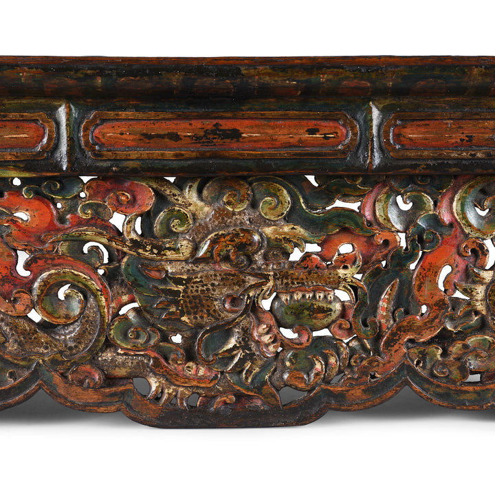 Dragon Detail From Antique Tibetan Carved And Painted Choksar With Dragon And Lotus Motifs