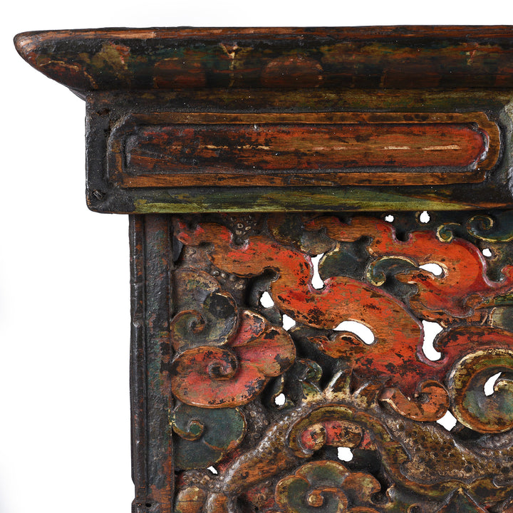 Corner Detail From Antique Tibetan Carved And Painted Choksar With Dragon And Lotus Motifs