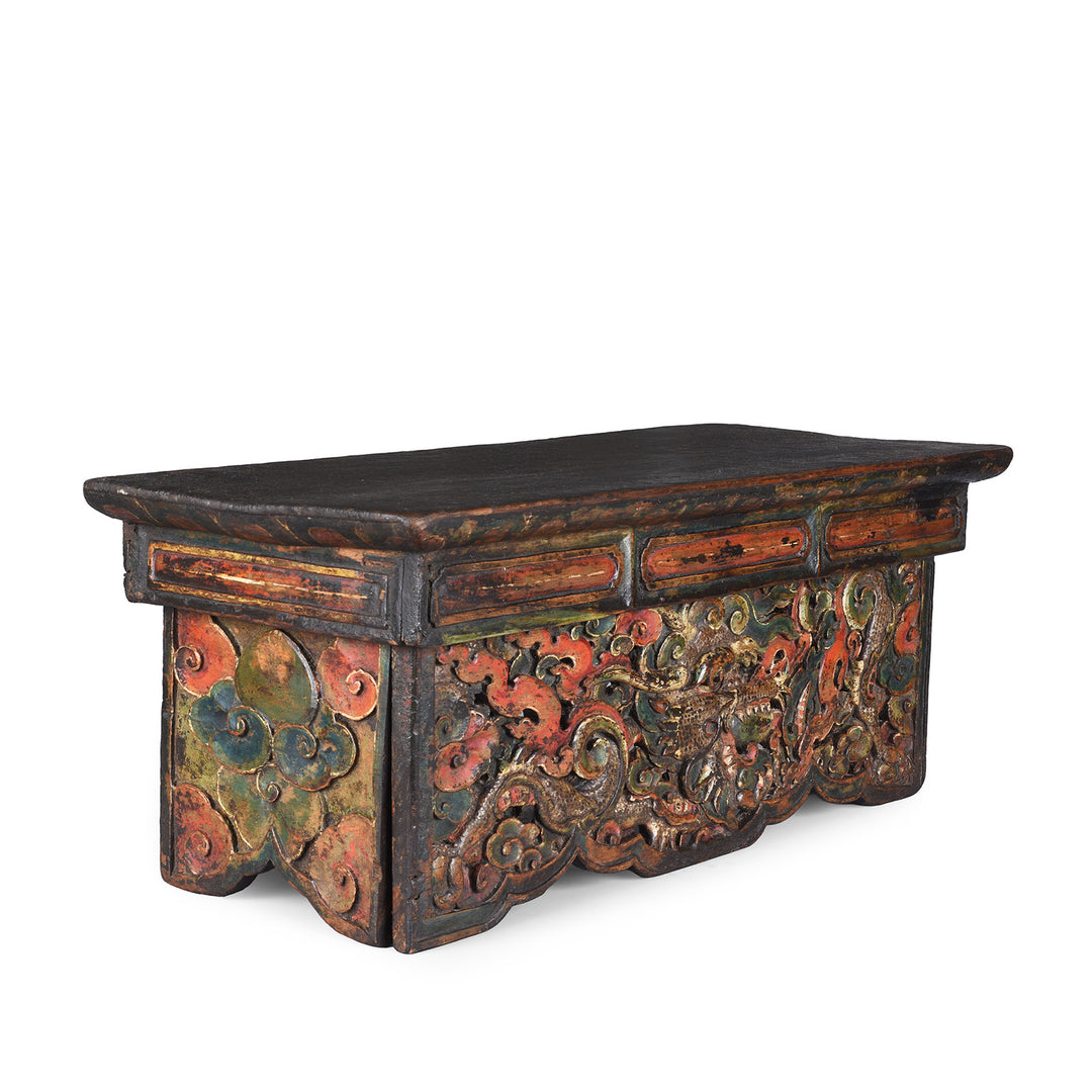 Angled View Of Antique Tibetan Carved And Painted Choksar With Dragon And Lotus Motifs