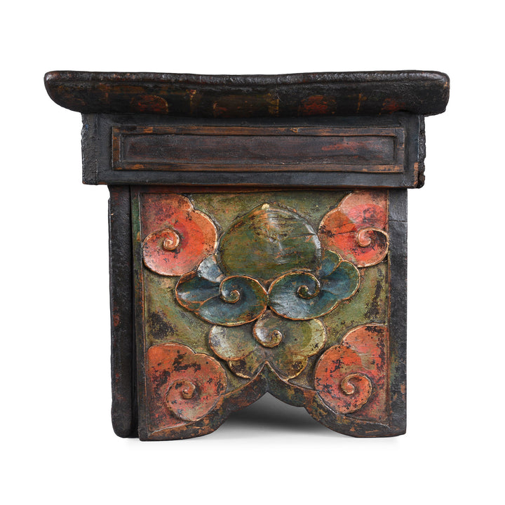 Side View Of Antique Tibetan Carved And Painted Choksar With Dragon And Lotus Motifs