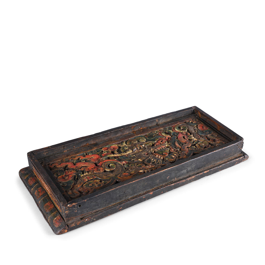 Folded Down View Of Antique Tibetan Carved And Painted Choksar With Dragon And Lotus Motifs