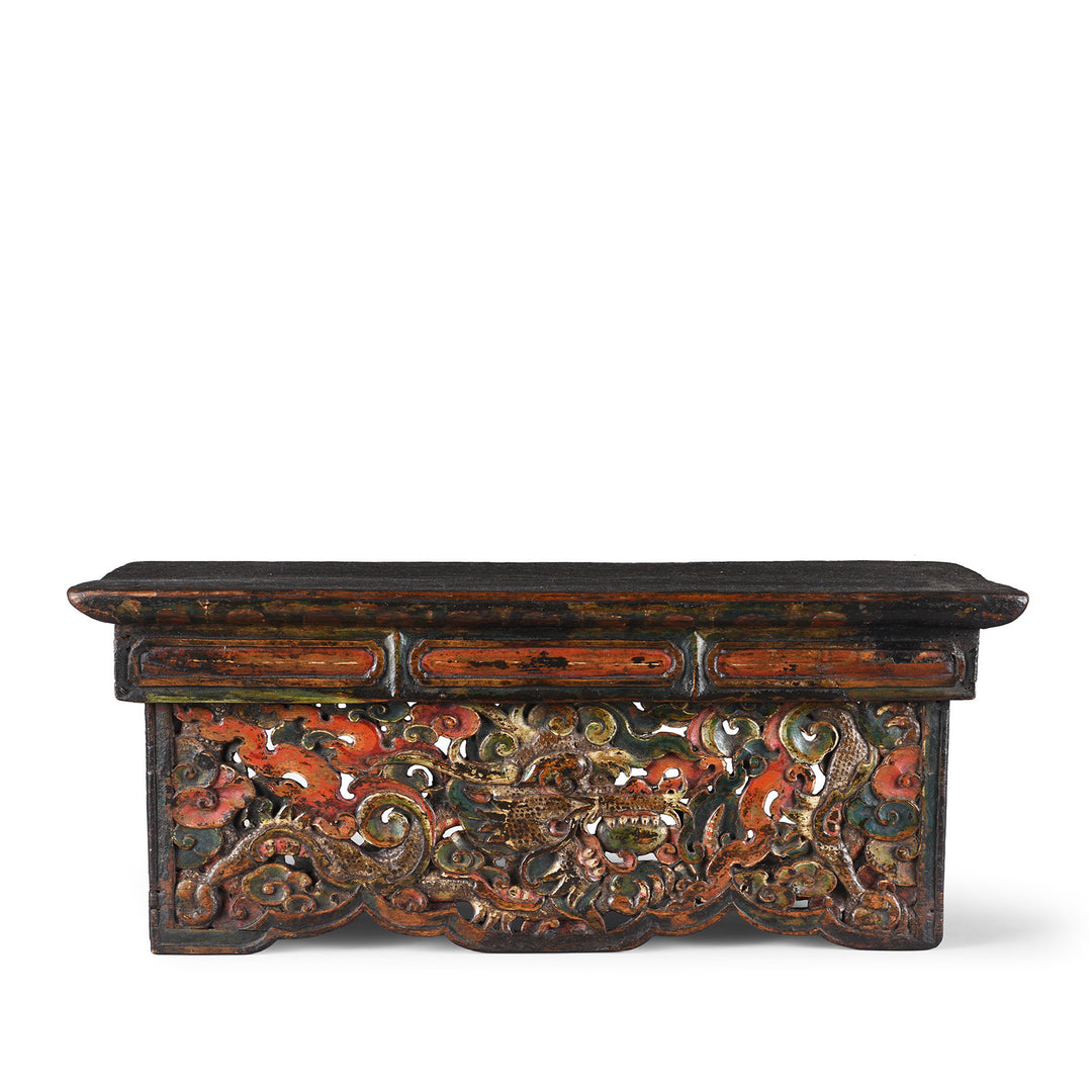 Antique Tibetan Carved And Painted Choksar With Dragon And Lotus Motifs