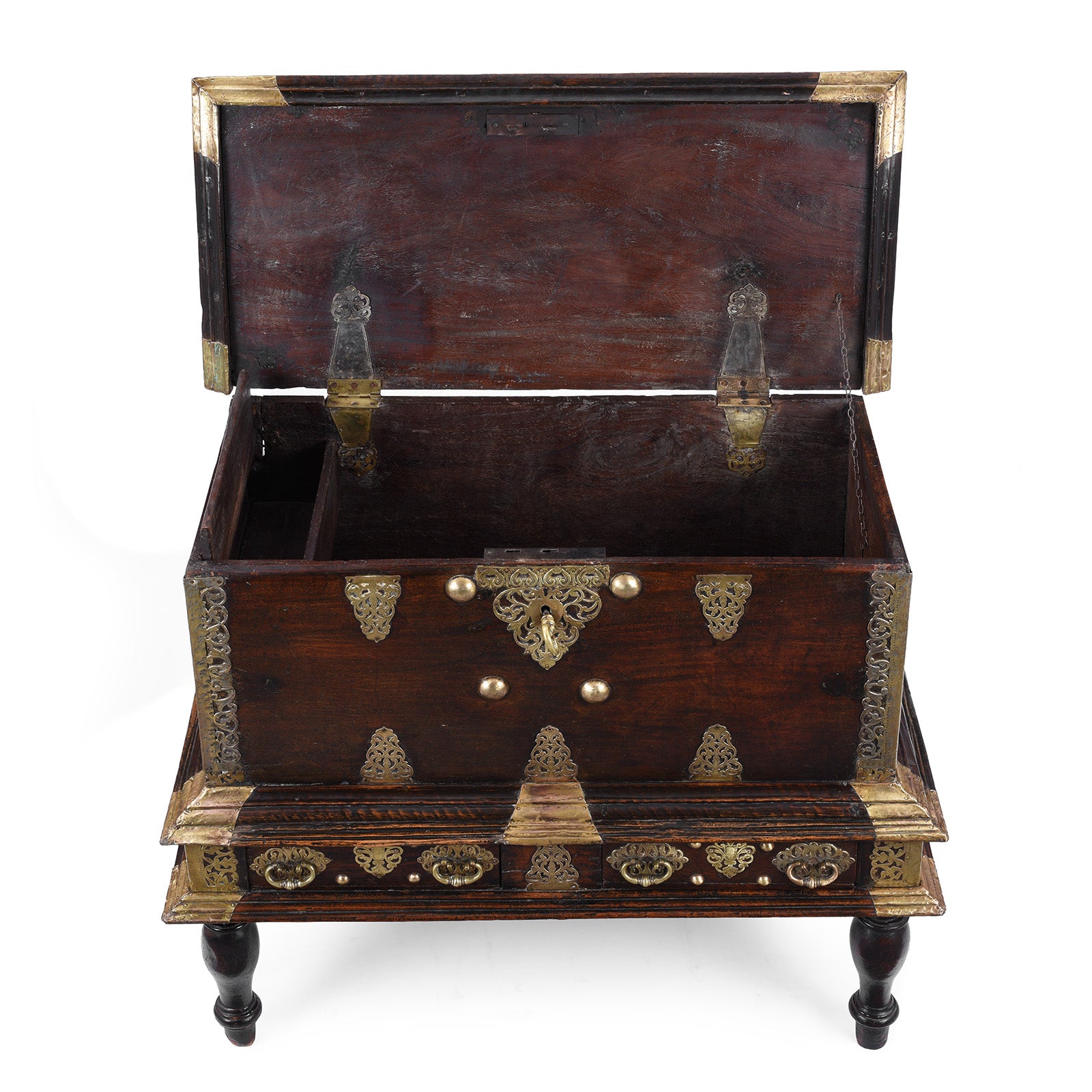 Open View Of Dutch Colonial Teak And Brass Chest On Stand With Two Drawers 18Th Century | Indigo Antiques