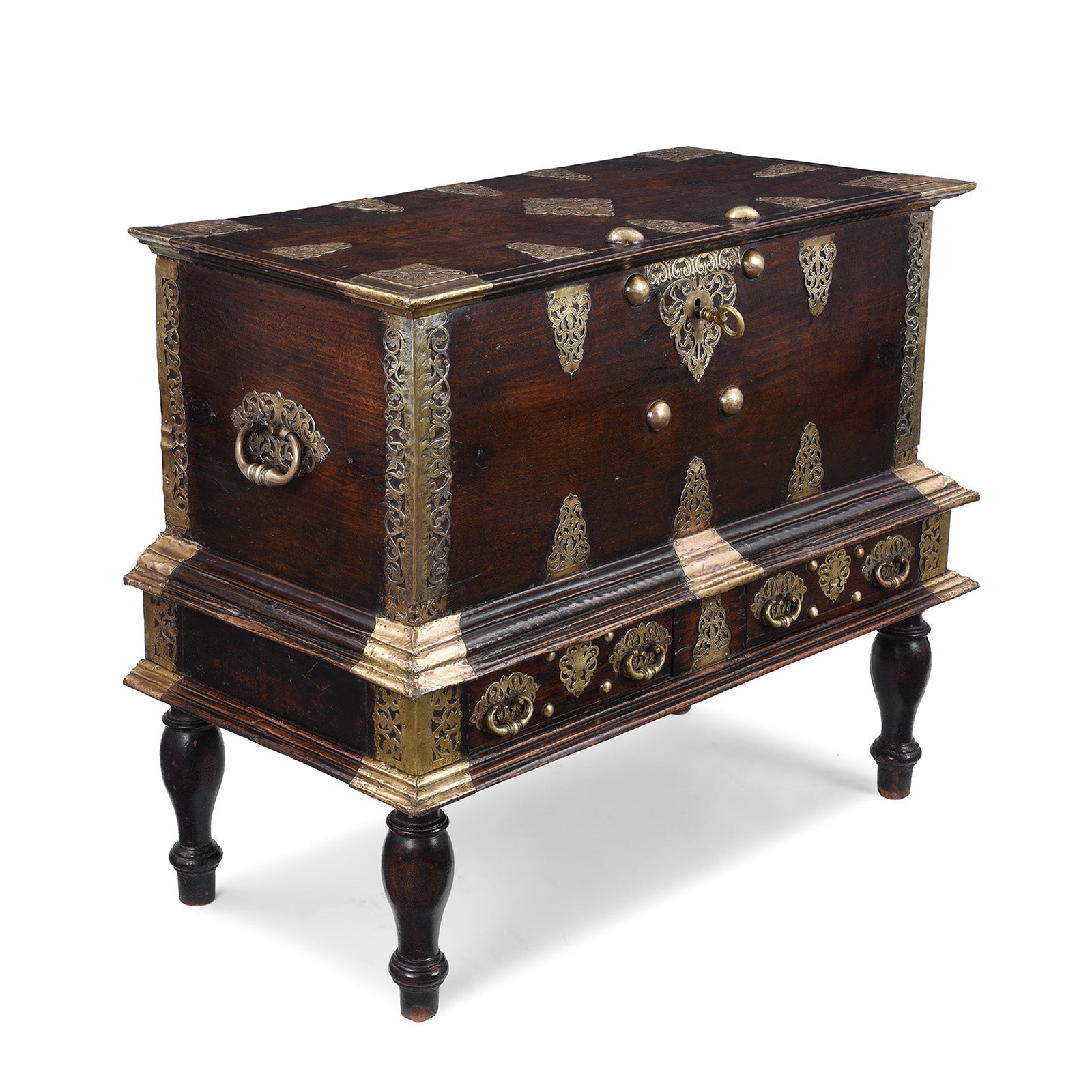 Angled View Of Dutch Colonial Teak And Brass Chest On Stand With Two Drawers 18Th Century | Indigo Antiques