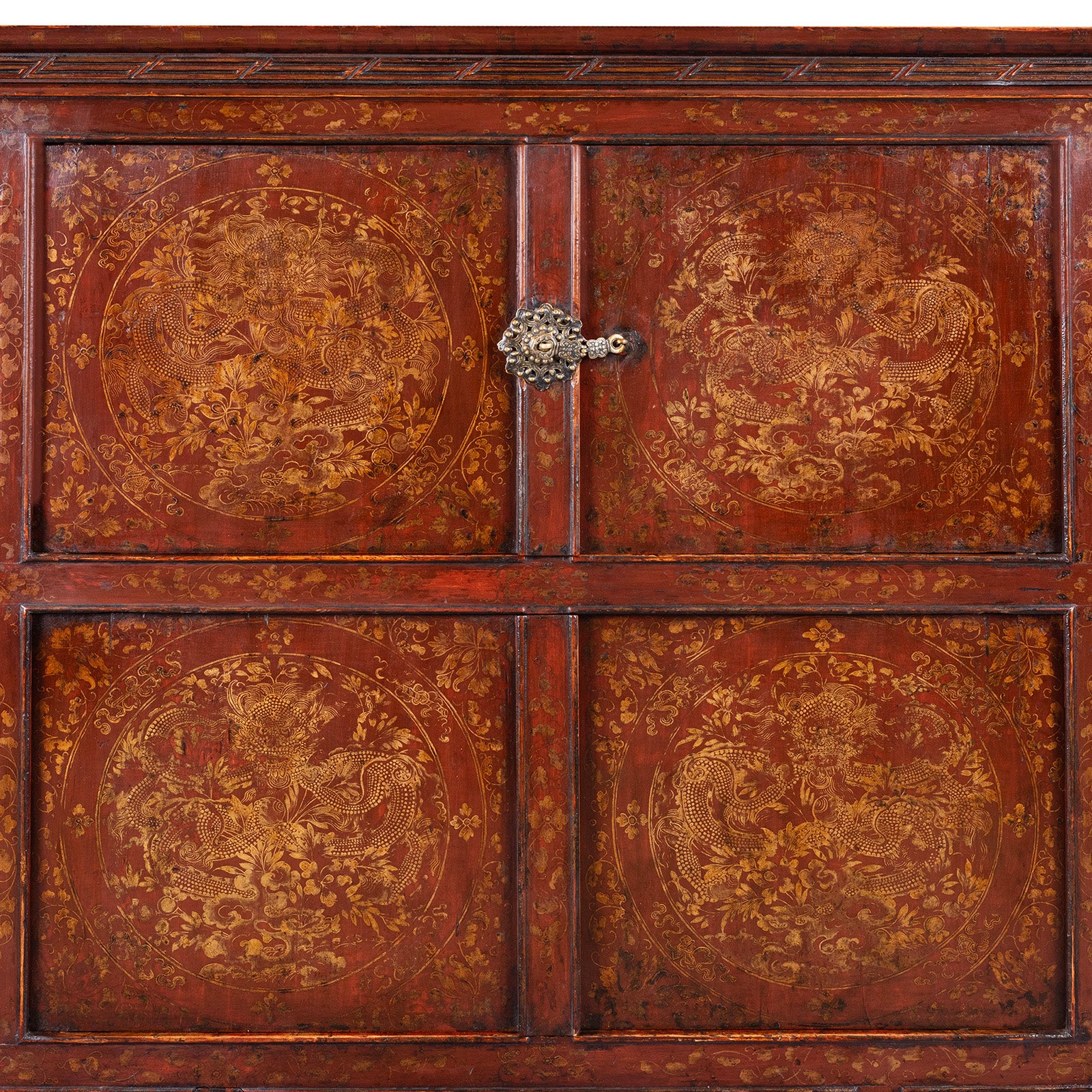 Central Doors Detail From Painted Tibetan Cabinet With Gilt Dragon And Floral Phoenix Panels On Square Scroll Feet