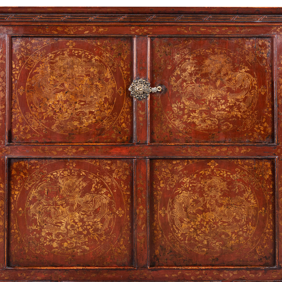 Central Doors Detail From Painted Tibetan Cabinet With Gilt Dragon And Floral Phoenix Panels On Square Scroll Feet