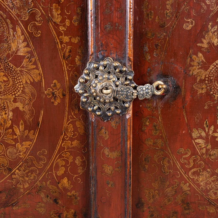 Detail From Painted Tibetan Cabinet With Gilt Dragon And Floral Phoenix Panels On Square Scroll Feet