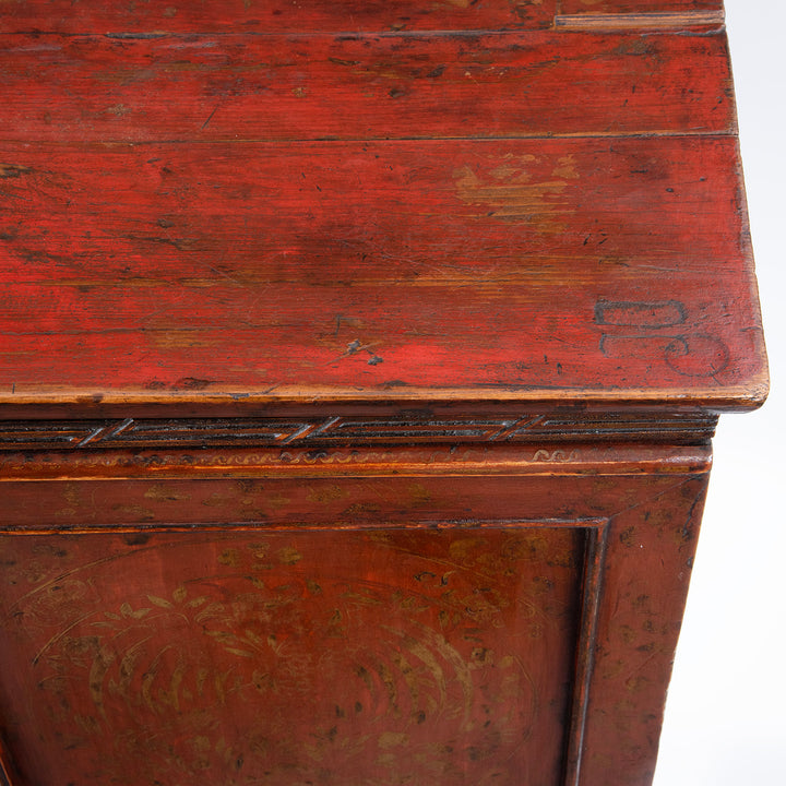 Detail From The Top Of Painted Tibetan Cabinet With Gilt Dragon And Floral Phoenix Panels On Square Scroll Feet