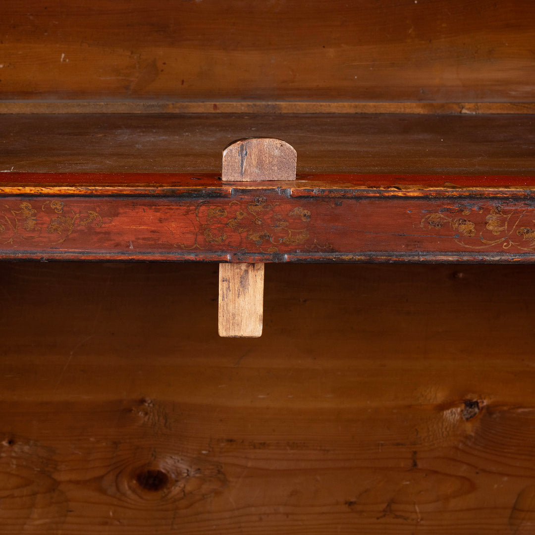 Locking Pin Detail From Painted Tibetan Cabinet With Gilt Dragon And Floral Phoenix Panels On Square Scroll Feet