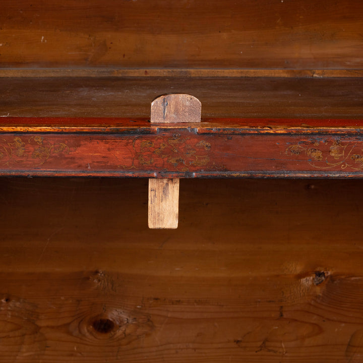 Locking Pin Detail From Painted Tibetan Cabinet With Gilt Dragon And Floral Phoenix Panels On Square Scroll Feet