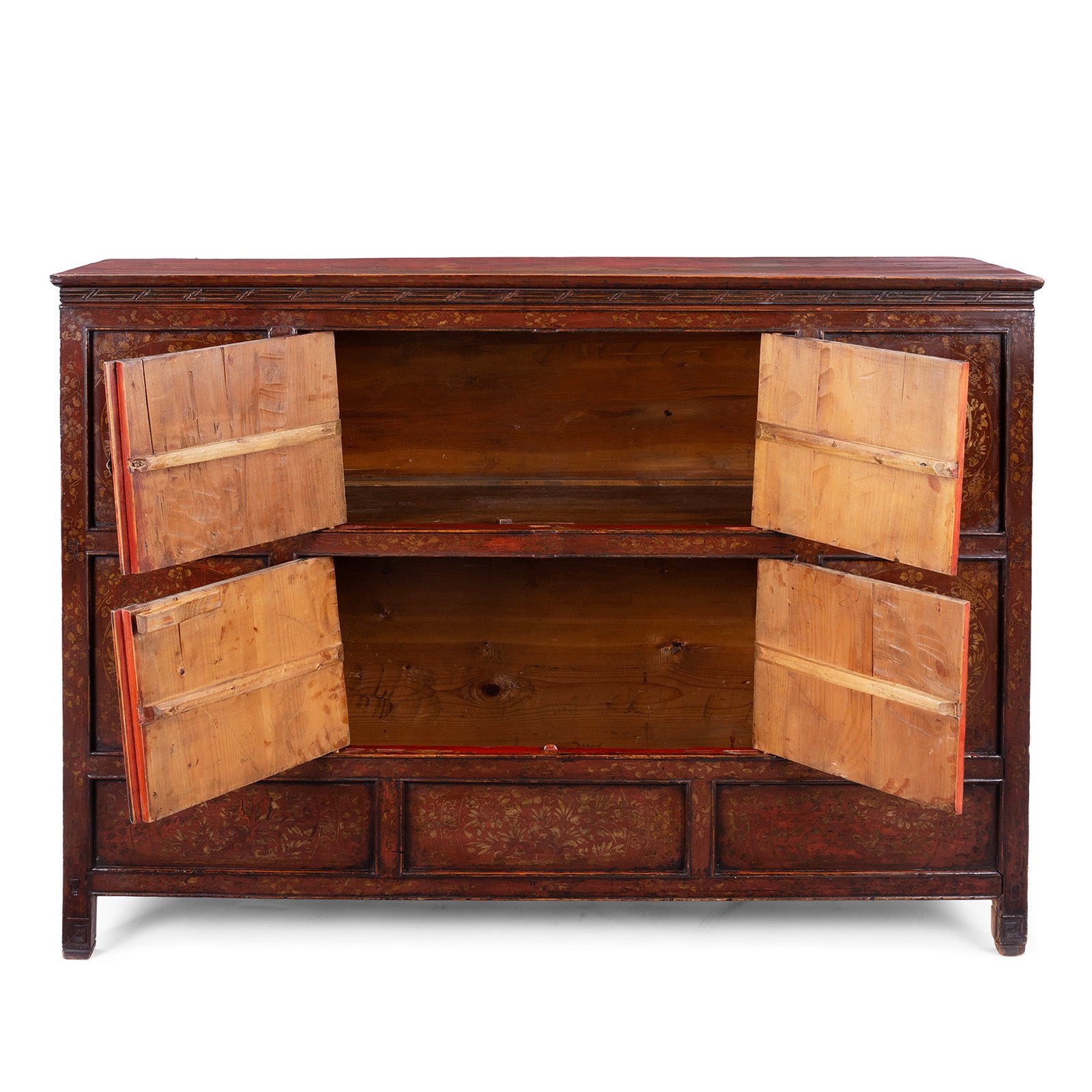 Open Doors View Of Painted Tibetan Cabinet With Gilt Dragon And Floral Phoenix Panels On Square Scroll Feet
