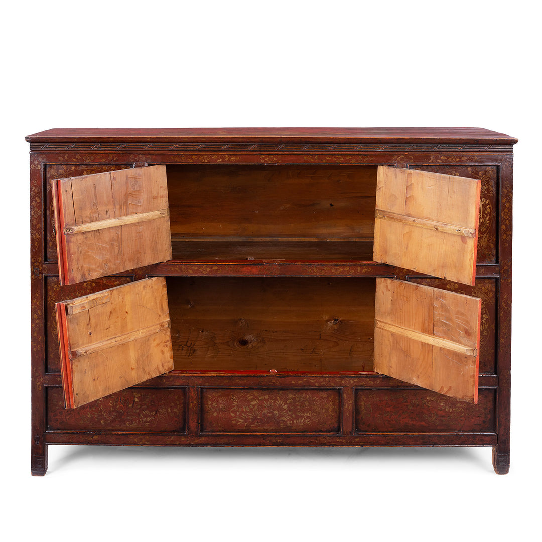 Open Doors View Of Painted Tibetan Cabinet With Gilt Dragon And Floral Phoenix Panels On Square Scroll Feet

