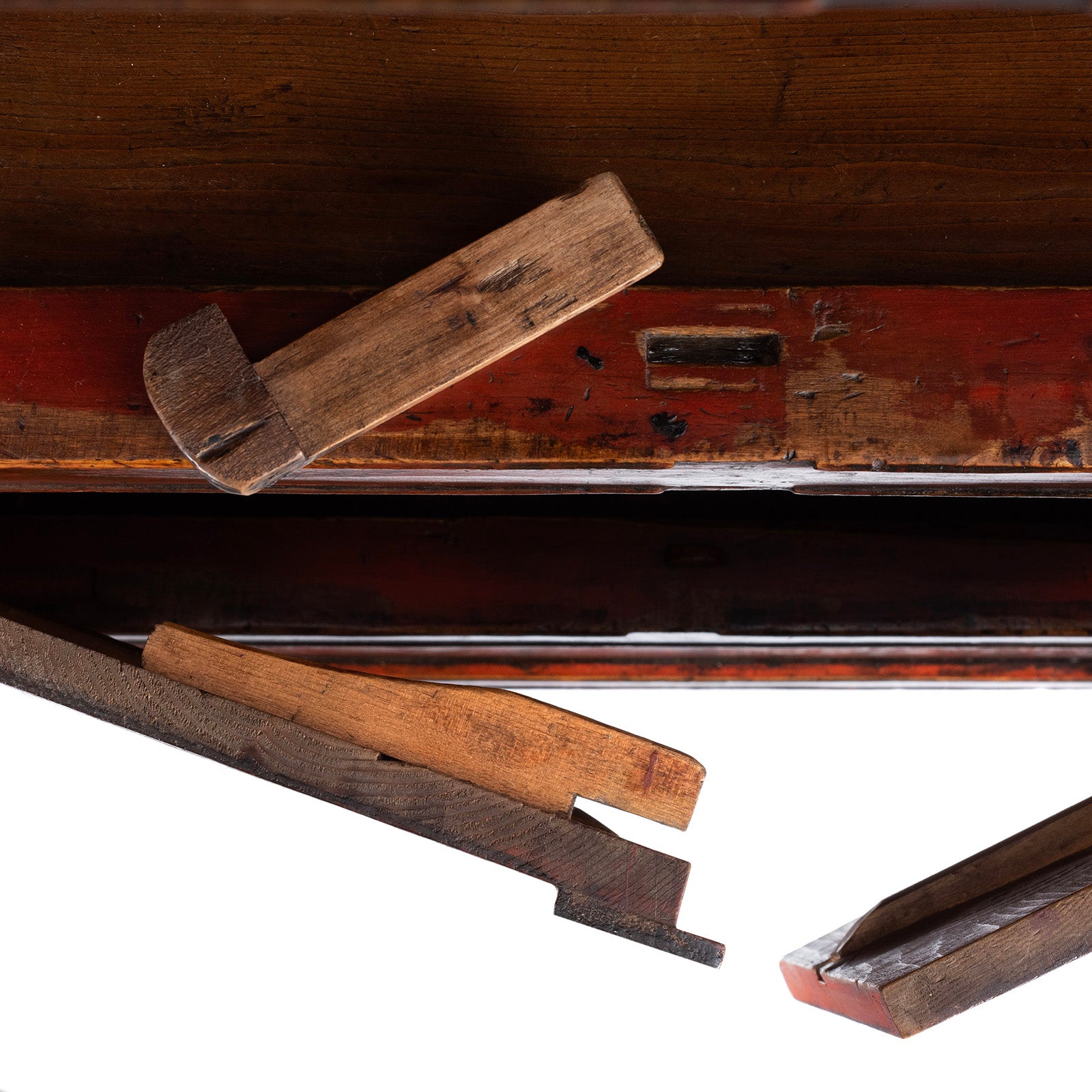 Locking Mechanism Detail From Painted Tibetan Cabinet With Gilt Dragon And Floral Phoenix Panels On Square Scroll Feet