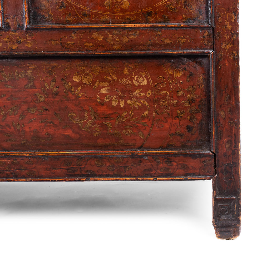 Foot Detail From Painted Tibetan Cabinet With Gilt Dragon And Floral Phoenix Panels On Square Scroll Feet