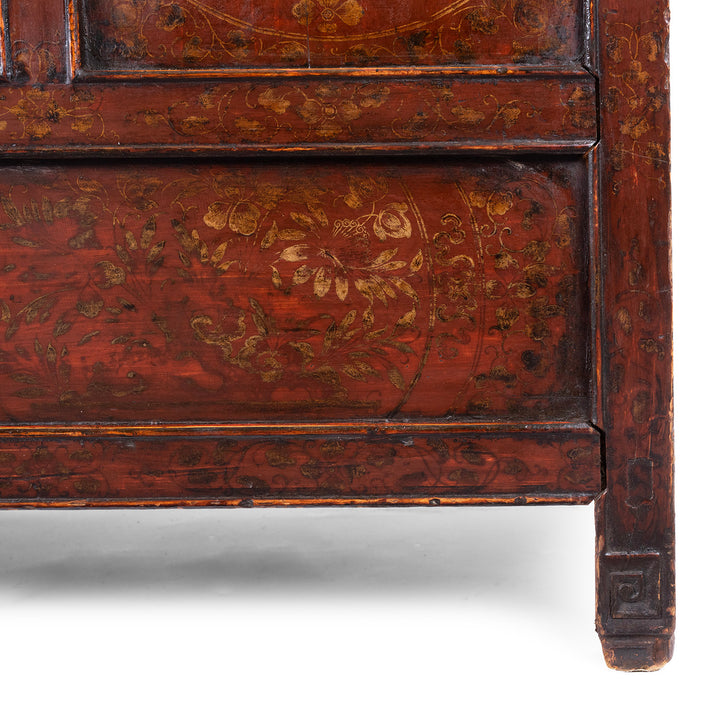 Foot Detail From Painted Tibetan Cabinet With Gilt Dragon And Floral Phoenix Panels On Square Scroll Feet