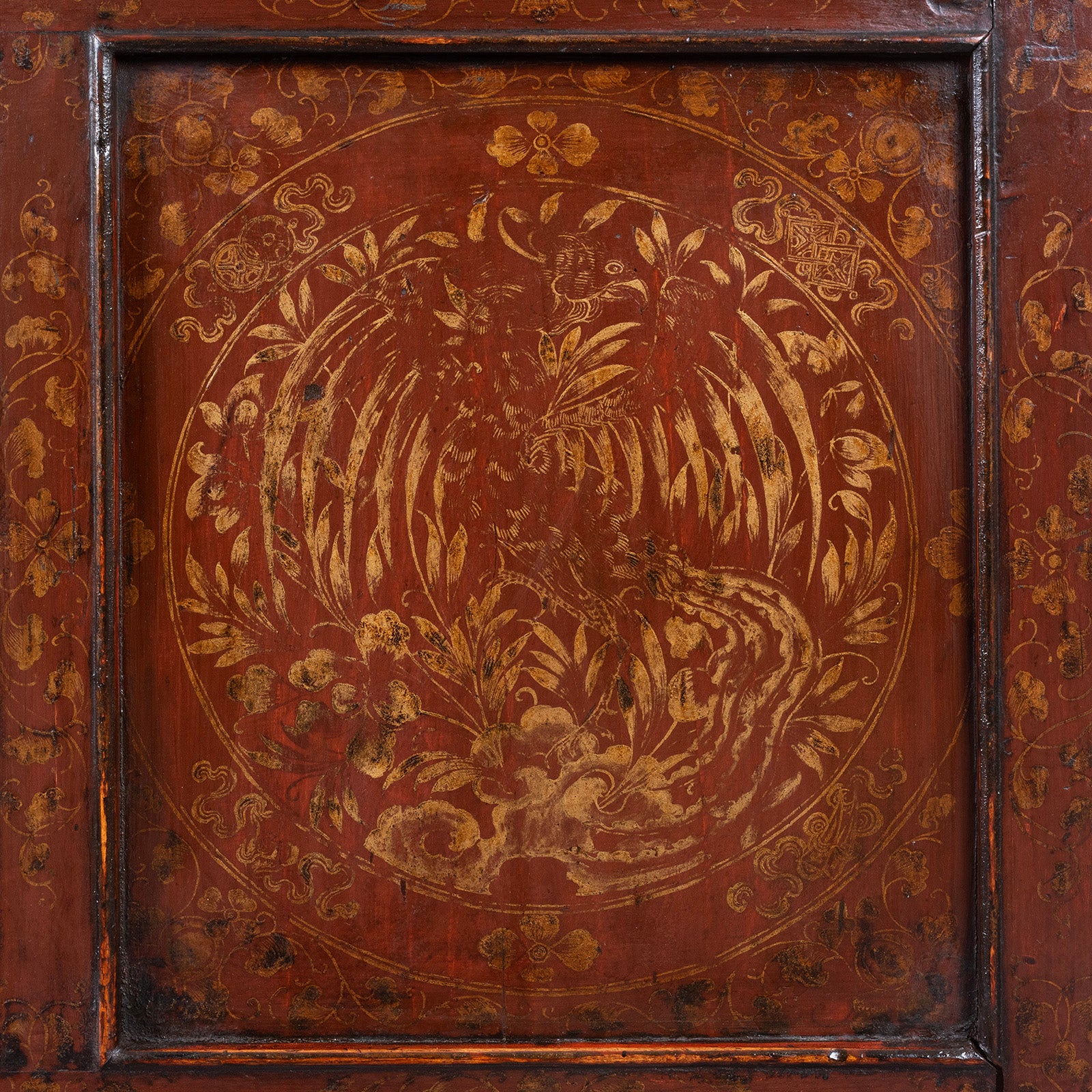 Floral Phoenix Detail From Painted Tibetan Cabinet With Gilt Dragon And Floral Phoenix Panels On Square Scroll Feet