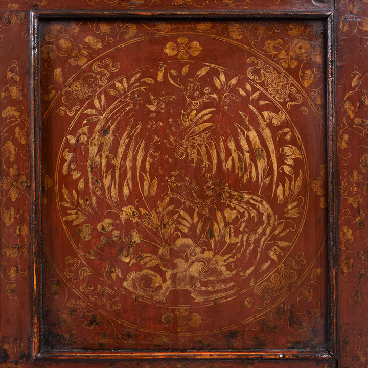 Floral Phoenix Detail From Painted Tibetan Cabinet With Gilt Dragon And Floral Phoenix Panels On Square Scroll Feet