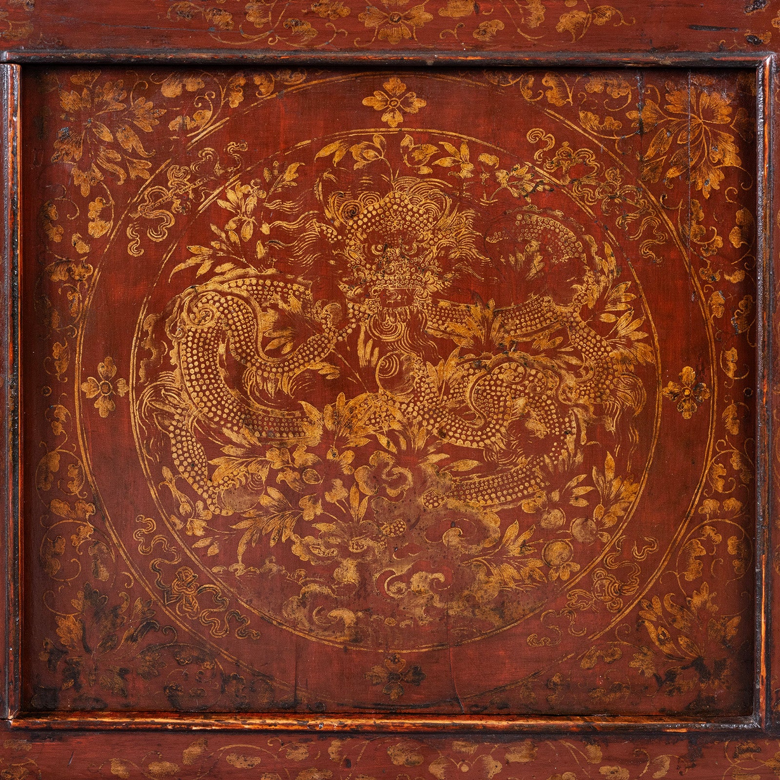 Dragon Detail From Painted Tibetan Cabinet With Gilt Dragon And Floral Phoenix Panels On Square Scroll Feet