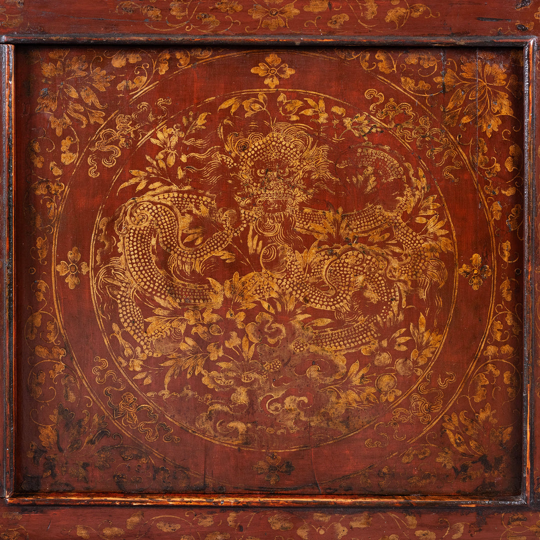 Dragon Detail From Painted Tibetan Cabinet With Gilt Dragon And Floral Phoenix Panels On Square Scroll Feet