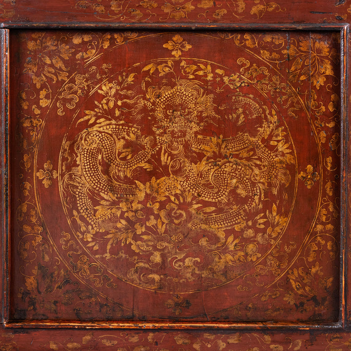 Dragon Detail From Painted Tibetan Cabinet With Gilt Dragon And Floral Phoenix Panels On Square Scroll Feet