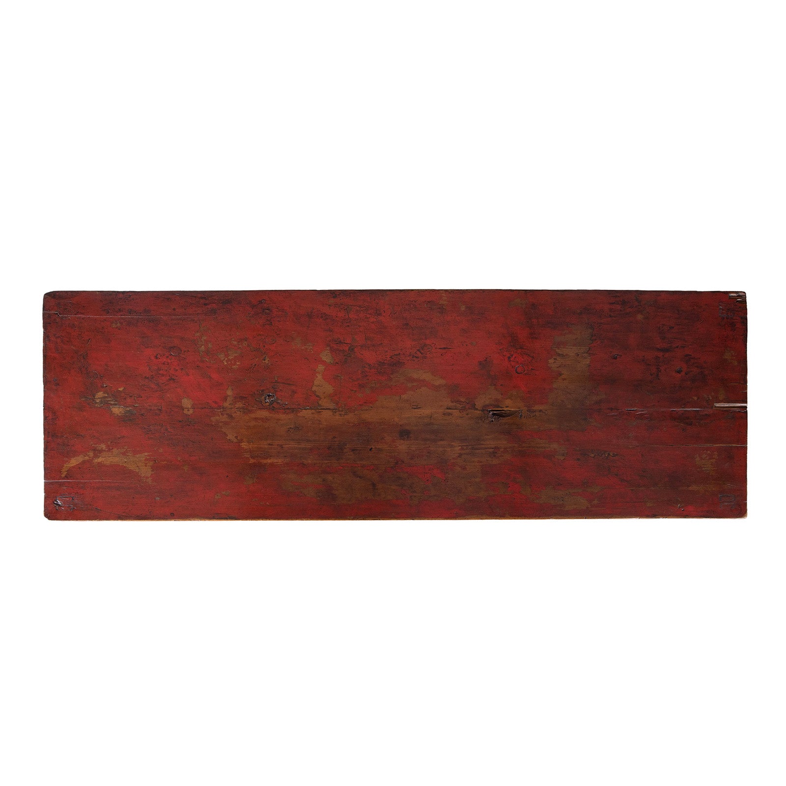 Top Down VIew Of Painted Tibetan Cabinet With Gilt Dragon And Floral Phoenix Panels On Square Scroll Feet