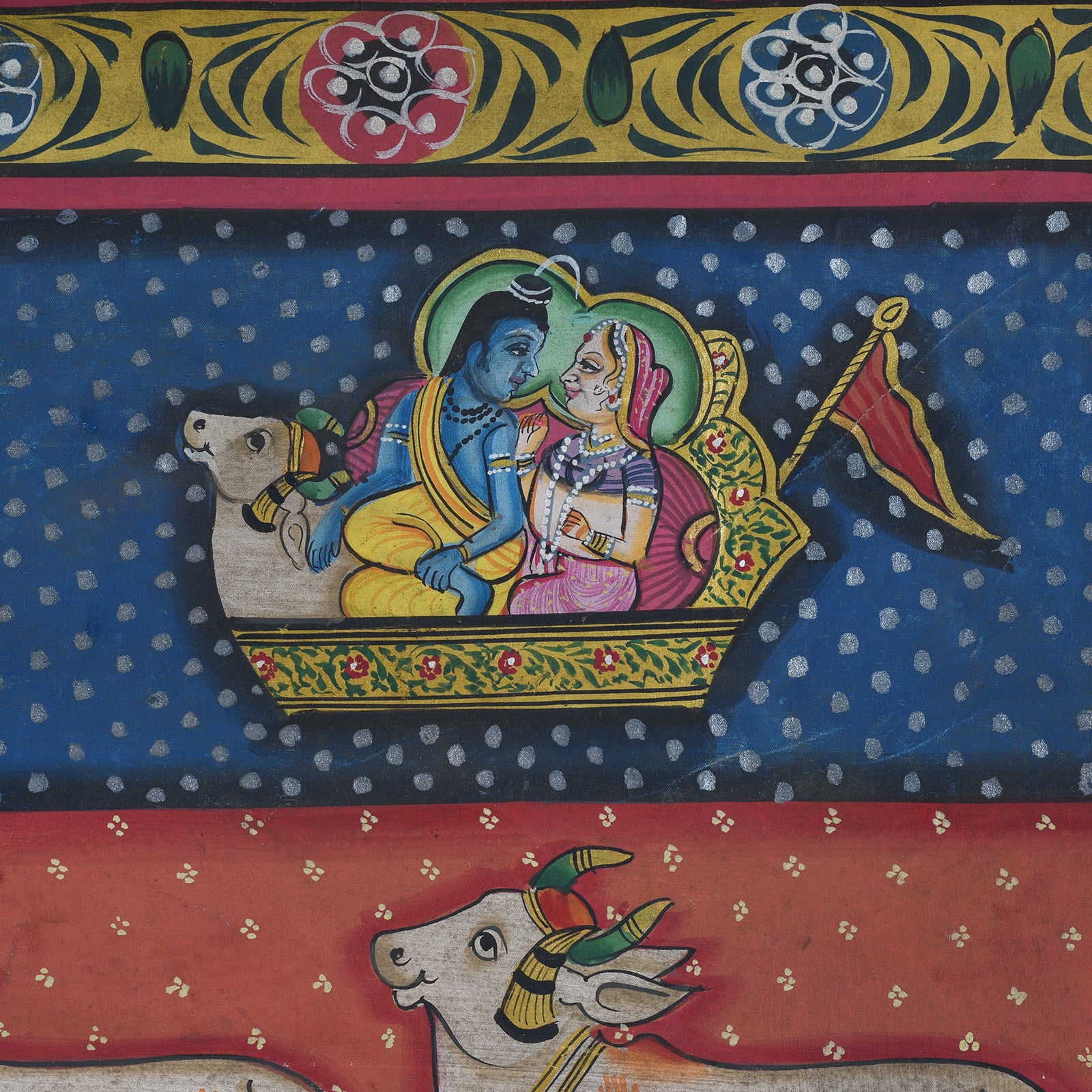 Diety Detail From Nandi Pichwai Painting With Stylised Cows Celestial Deities And Lotus Pond Rajasthan 20th Century