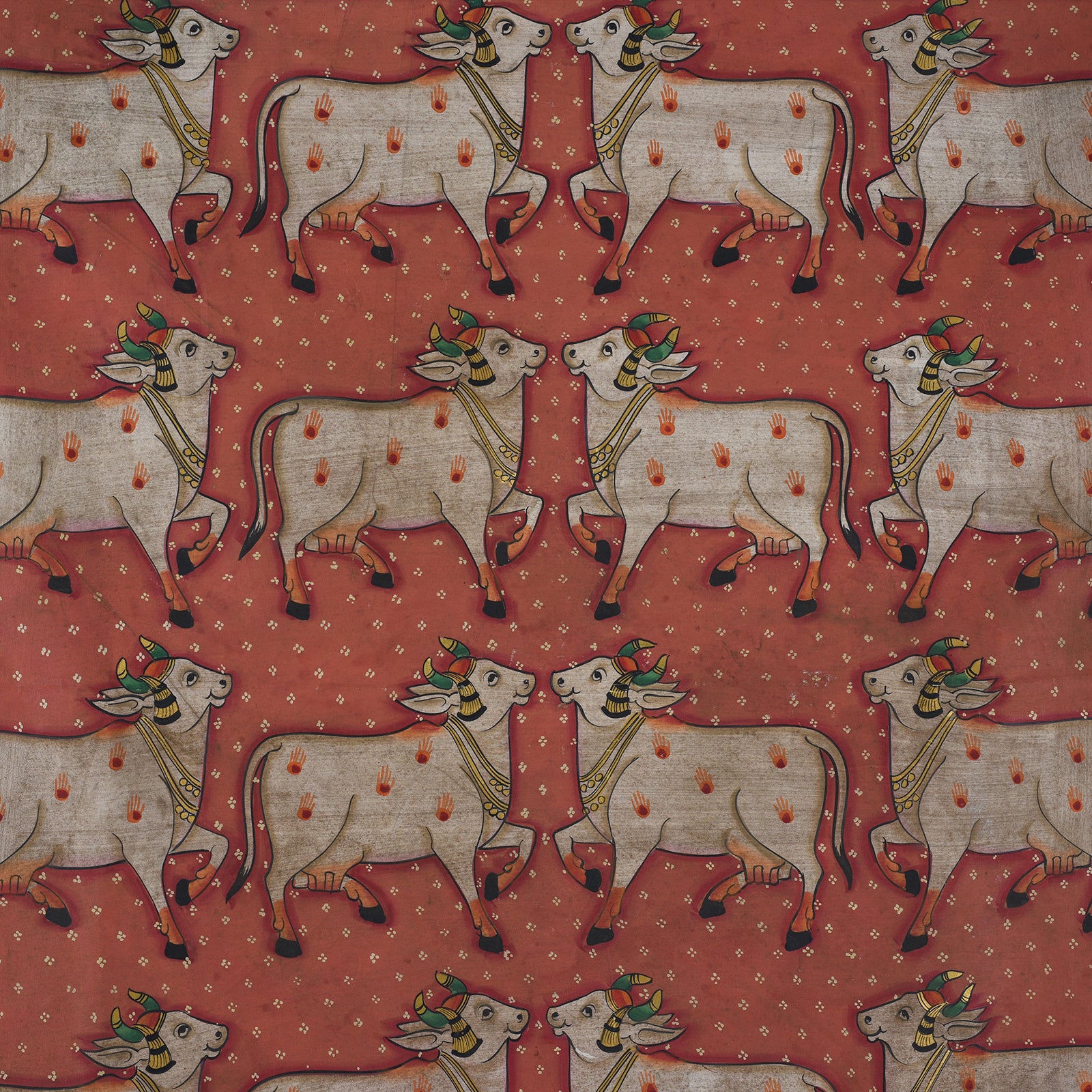 Nandi Detail From Nandi Pichwai Painting With Stylised Cows Celestial Deities And Lotus Pond Rajasthan 20th Century