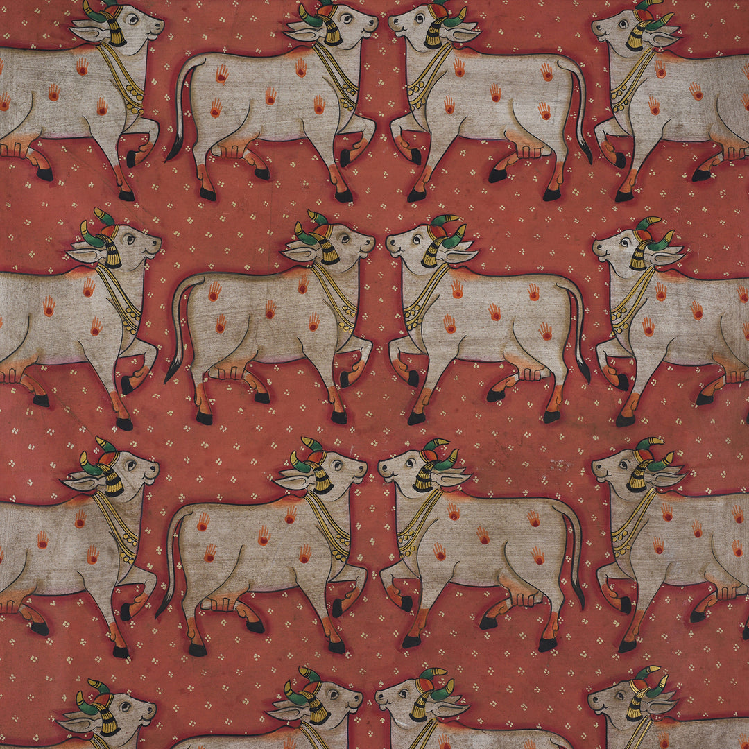Nandi Detail From Nandi Pichwai Painting With Stylised Cows Celestial Deities And Lotus Pond Rajasthan 20th Century