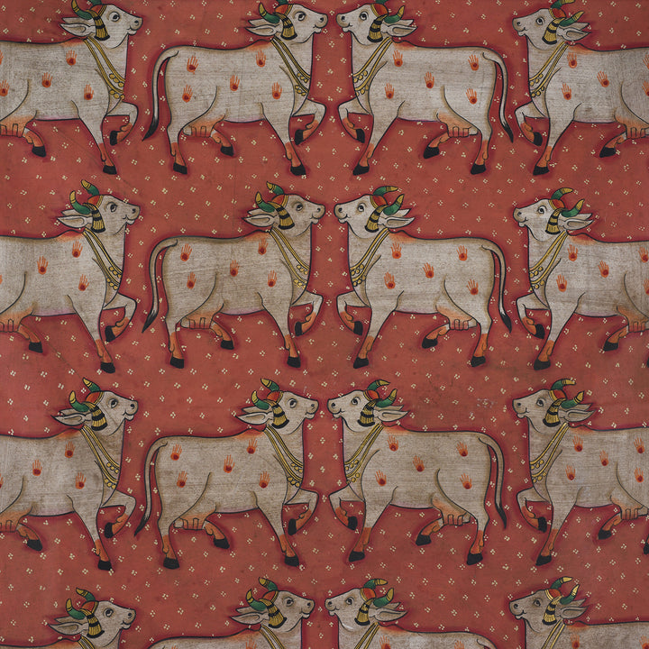 Nandi Detail From Nandi Pichwai Painting With Stylised Cows Celestial Deities And Lotus Pond Rajasthan 20th Century