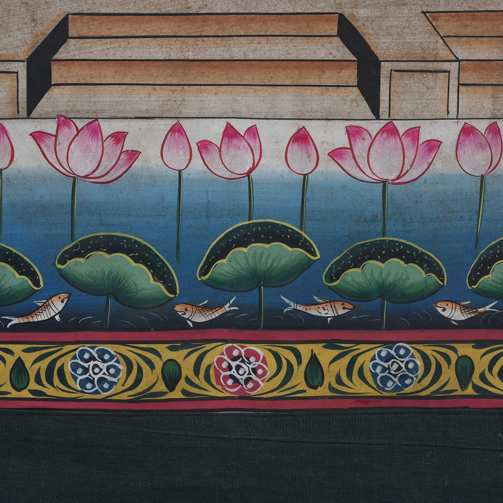 Detail From Nandi Pichwai Painting With Stylised Cows Celestial Deities And Lotus Pond Rajasthan 20th Century