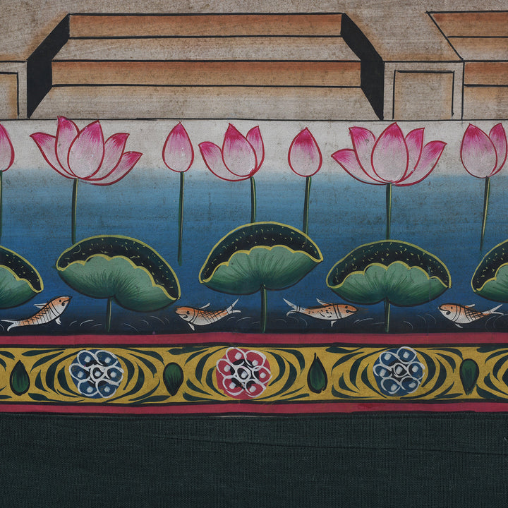 Detail From Nandi Pichwai Painting With Stylised Cows Celestial Deities And Lotus Pond Rajasthan 20th Century