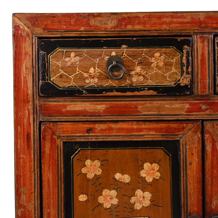 Corner Detail Shpwing Drawer Paintwork On Painted Mongolian Side Cabinet With Floral Panels And Two Drawers