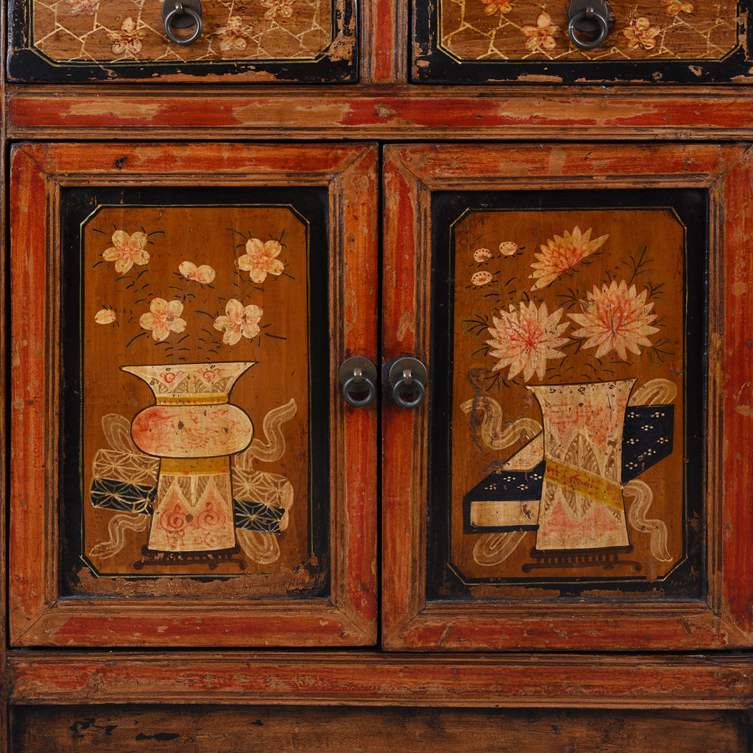 Doors Paintwork Detail From Painted Mongolian Side Cabinet With Floral Panels And Two Drawers