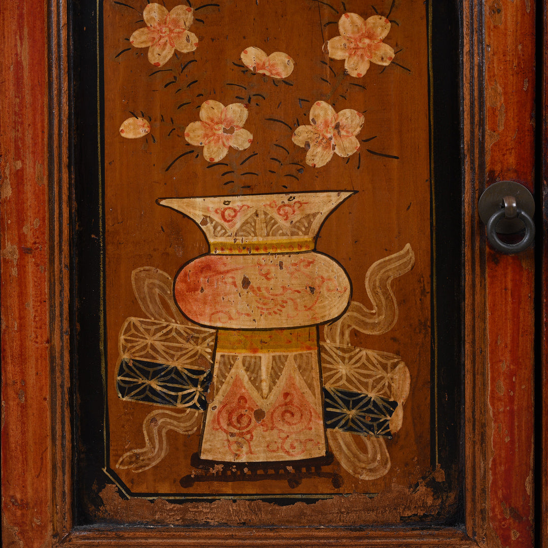 Paintwork Detail From Painted Mongolian Side Cabinet With Floral Panels And Two Drawers