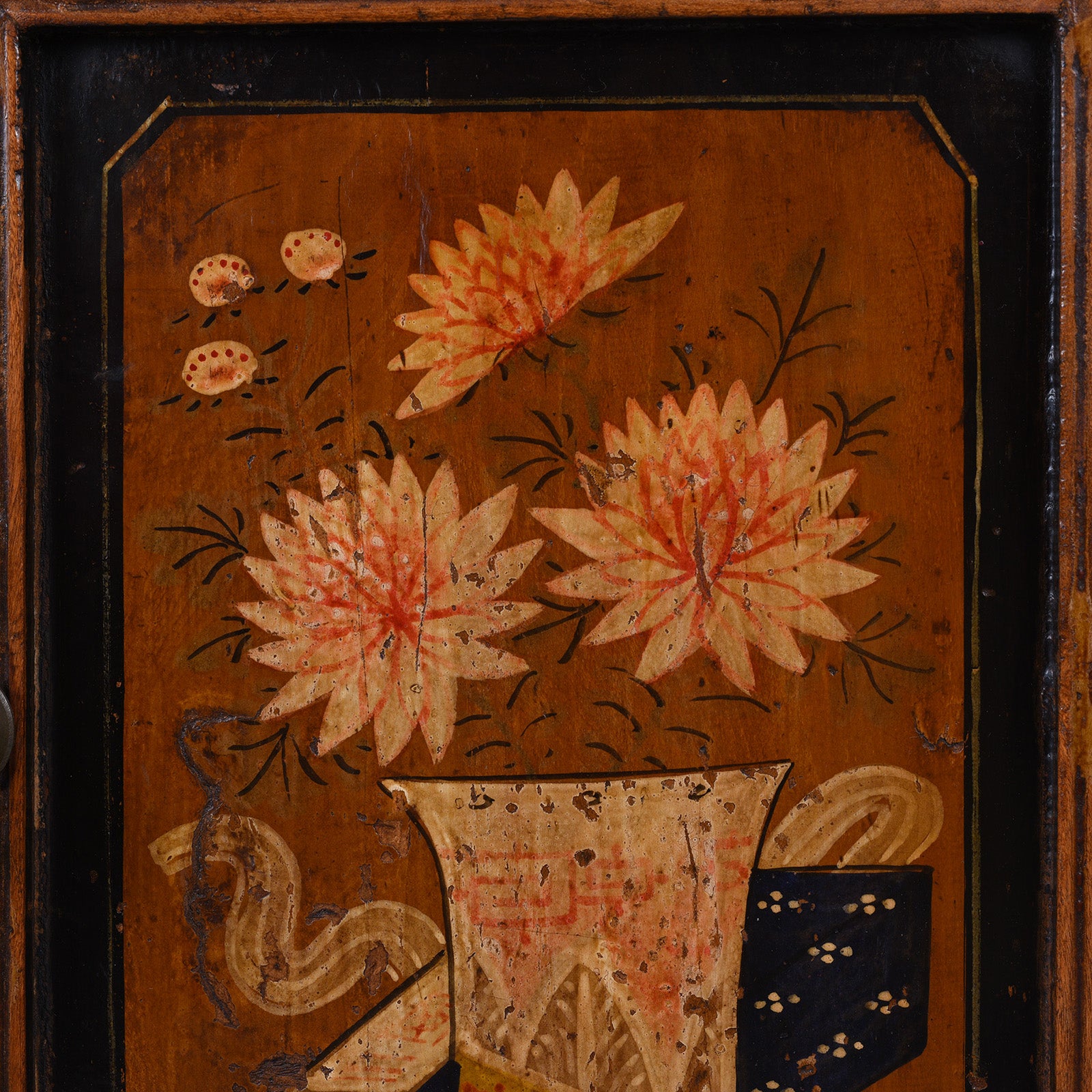 Paintwork Detail From Painted Mongolian Side Cabinet With Floral Panels And Two Drawers