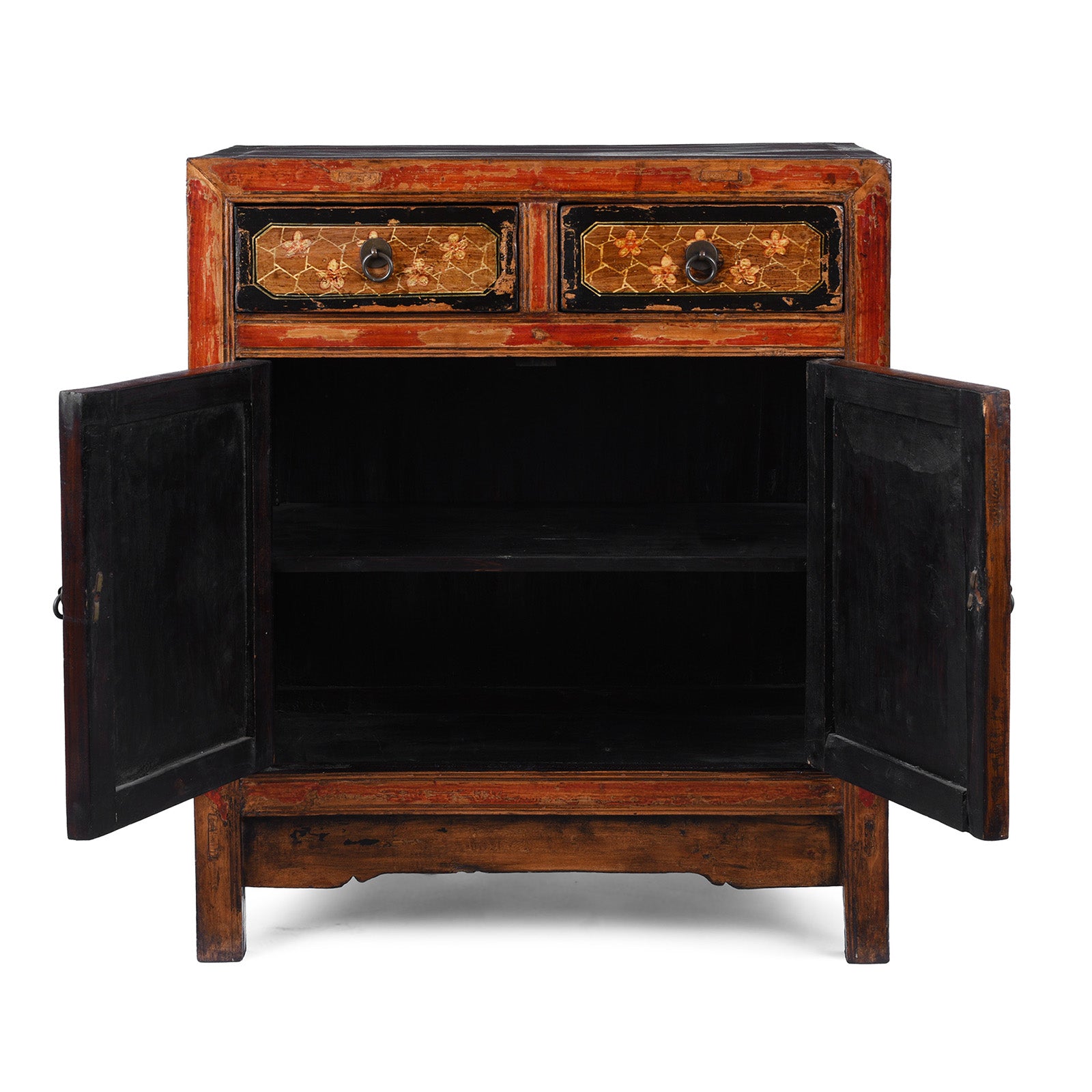 Interior Of Painted Mongolian Side Cabinet With Floral Panels And Two Drawers
