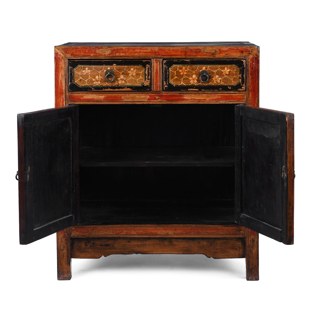 Interior Of Painted Mongolian Side Cabinet With Floral Panels And Two Drawers
