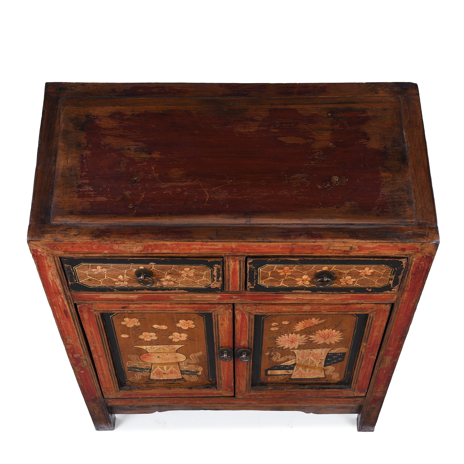 Top Down View Of Painted Mongolian Side Cabinet With Floral Panels And Two Drawers