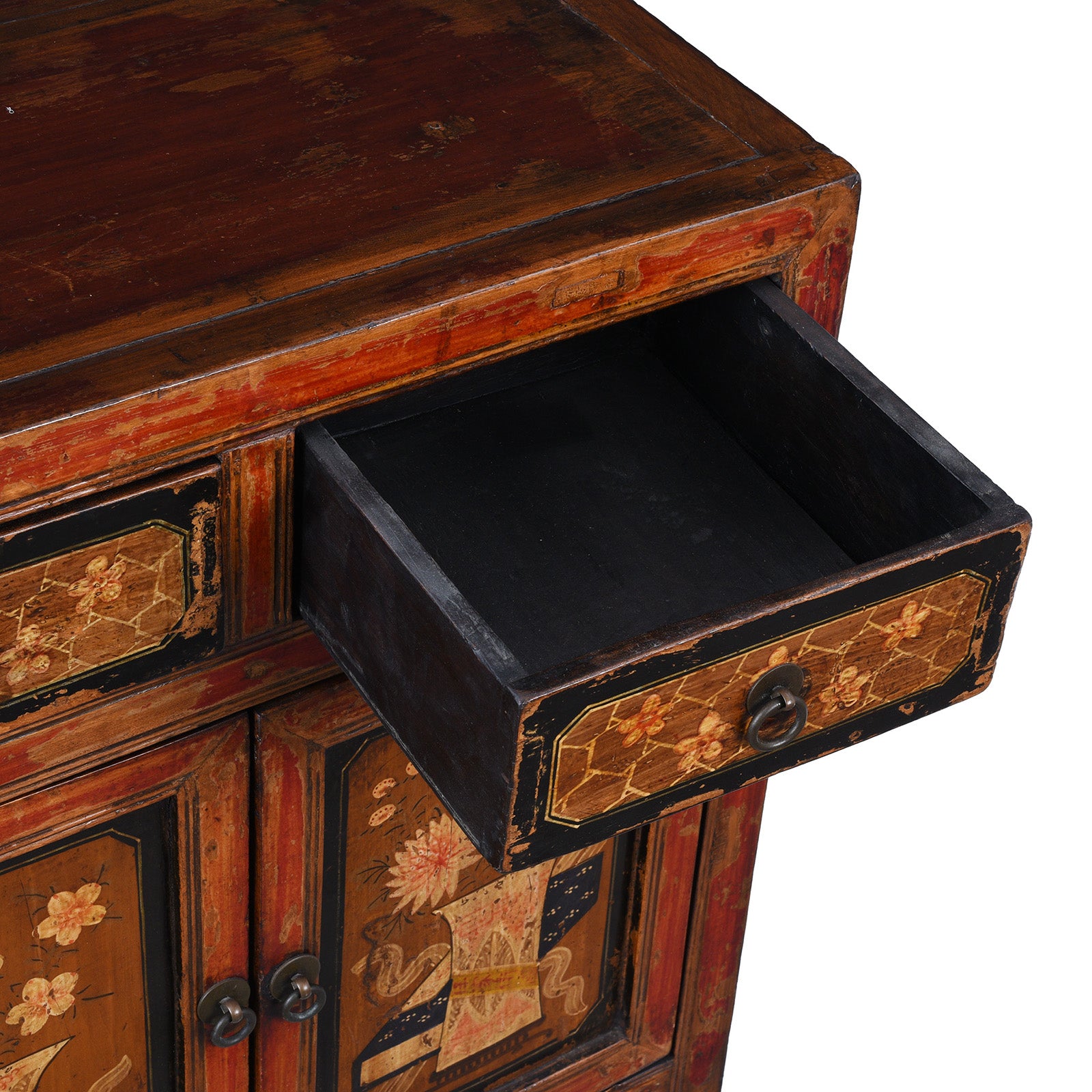 Drawer Detail From Painted Mongolian Side Cabinet With Floral Panels And Two Drawers