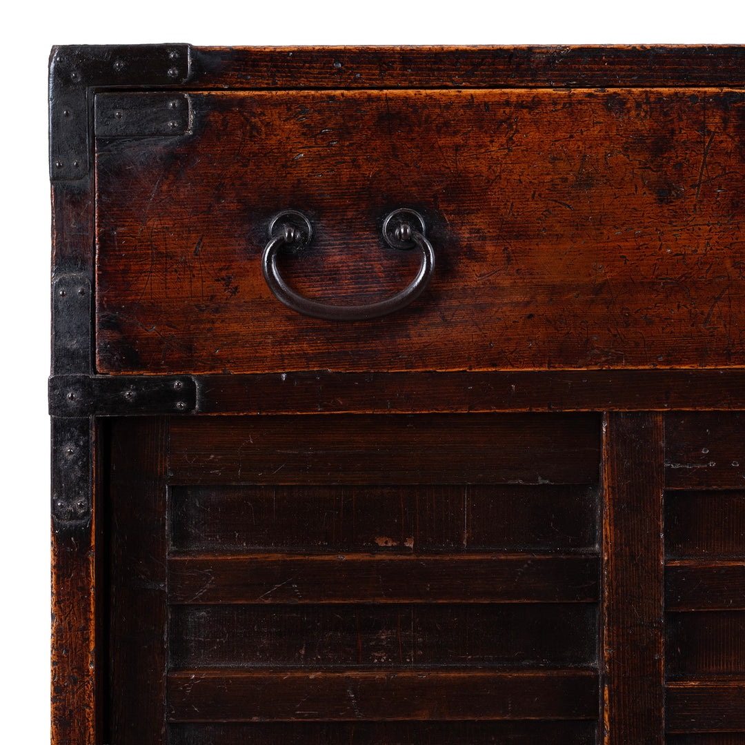 Corner Detail From Edo Period Japanese Cho Dansu With Sliding Doors And Drawers | Indigo Antiques