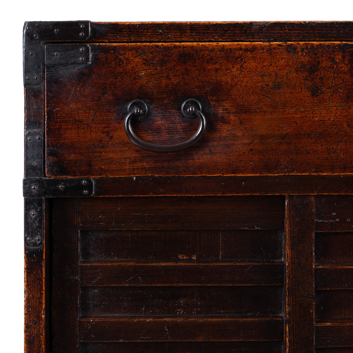 Corner Detail From Edo Period Japanese Cho Dansu With Sliding Doors And Drawers | Indigo Antiques