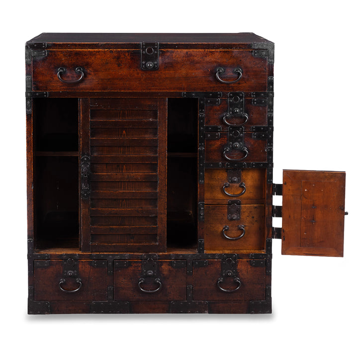 Open Doors View Of Edo Period Japanese Cho Dansu With Sliding Doors And Drawers | Indigo Antiques