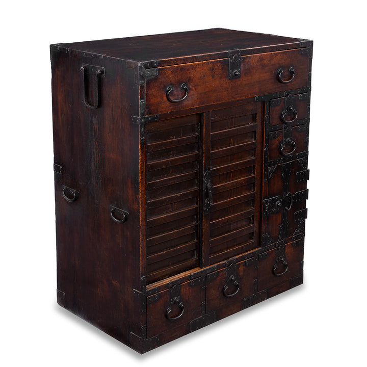 Angled View Of Edo Period Japanese Cho Dansu With Sliding Doors And Drawers | Indigo Antiques