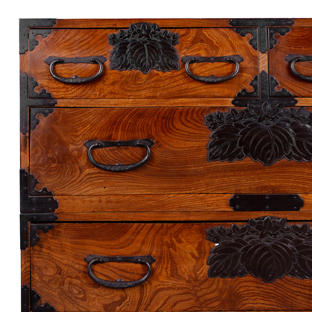 Chrysanthemum Ironwork Detail From Isho Dansu From Sakata Japan Circa 1900 With Keyaki Wood And Ironwork