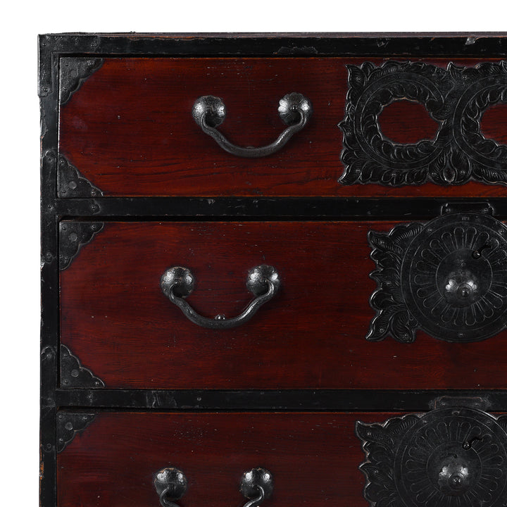 mokko hardware on a 19th Century Meiji Period Japanese Isho Dansu From Sendai With Karakusa Ironwork, Nine Drawers And Distinctive Hand Forged Ironwork | Indigo Antiques