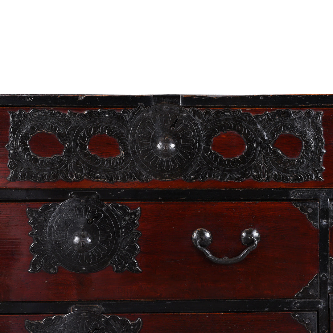 Karakusa iron hardware on 19th Century Meiji Period Japanese Isho Dansu From Sendai With Karakusa Ironwork, Nine Drawers And Distinctive Hand Forged Ironwork | Indigo Antiques