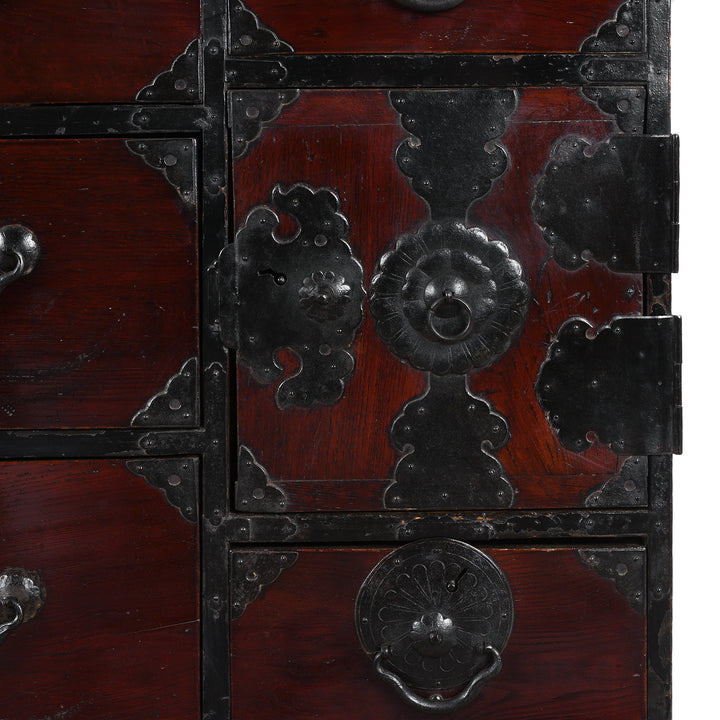safe lock box detail on a 19th Century Meiji Period Japanese Isho Dansu From Sendai With Karakusa Ironwork, Nine Drawers And Distinctive Hand Forged Ironwork | Indigo Antiques